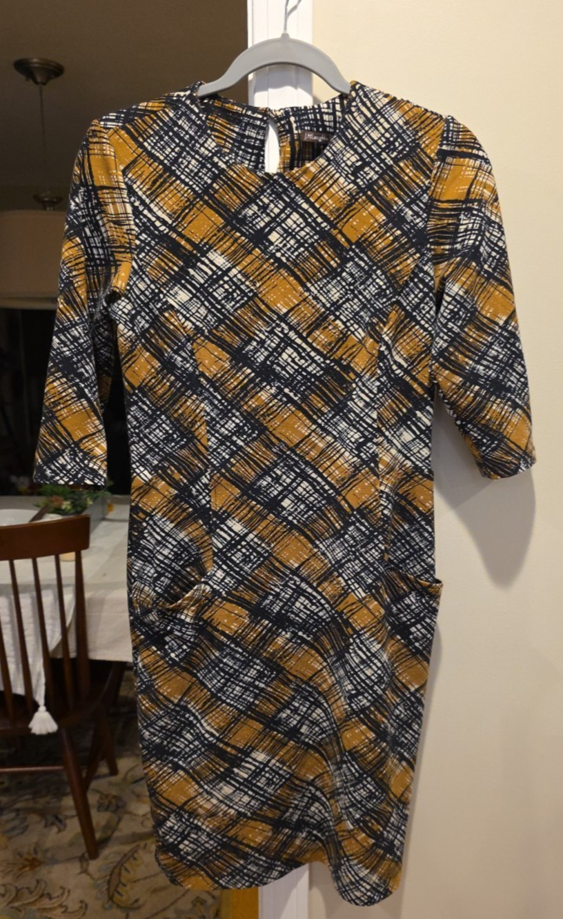 J. McLaughlin Catalyst Ponte Sheath Dress Small Mod Plaid Black Brown Tan Pocket